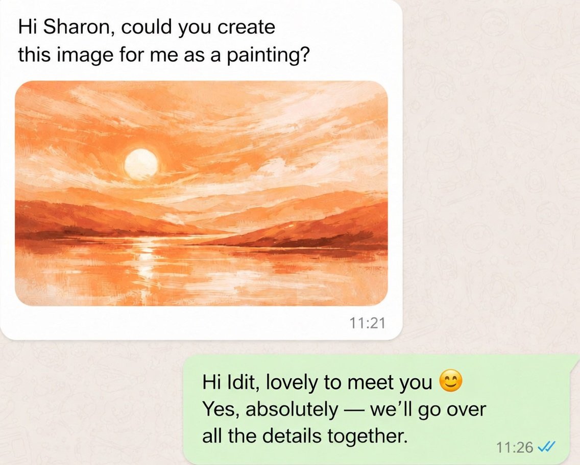 A message from the customer featuring AI-generated image to be turned into hand-painted original artwork, and a response from Sharon that she'd be happy to help