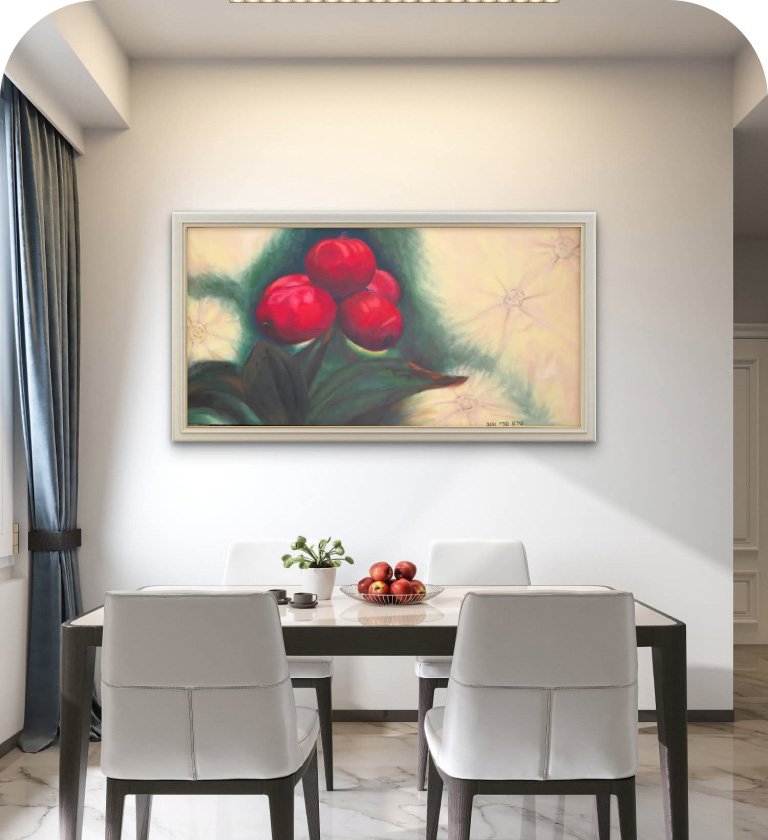 Custom nature painting 'Red Fruits' in acrylic, 140x80 cm, hanging in customer’s living room