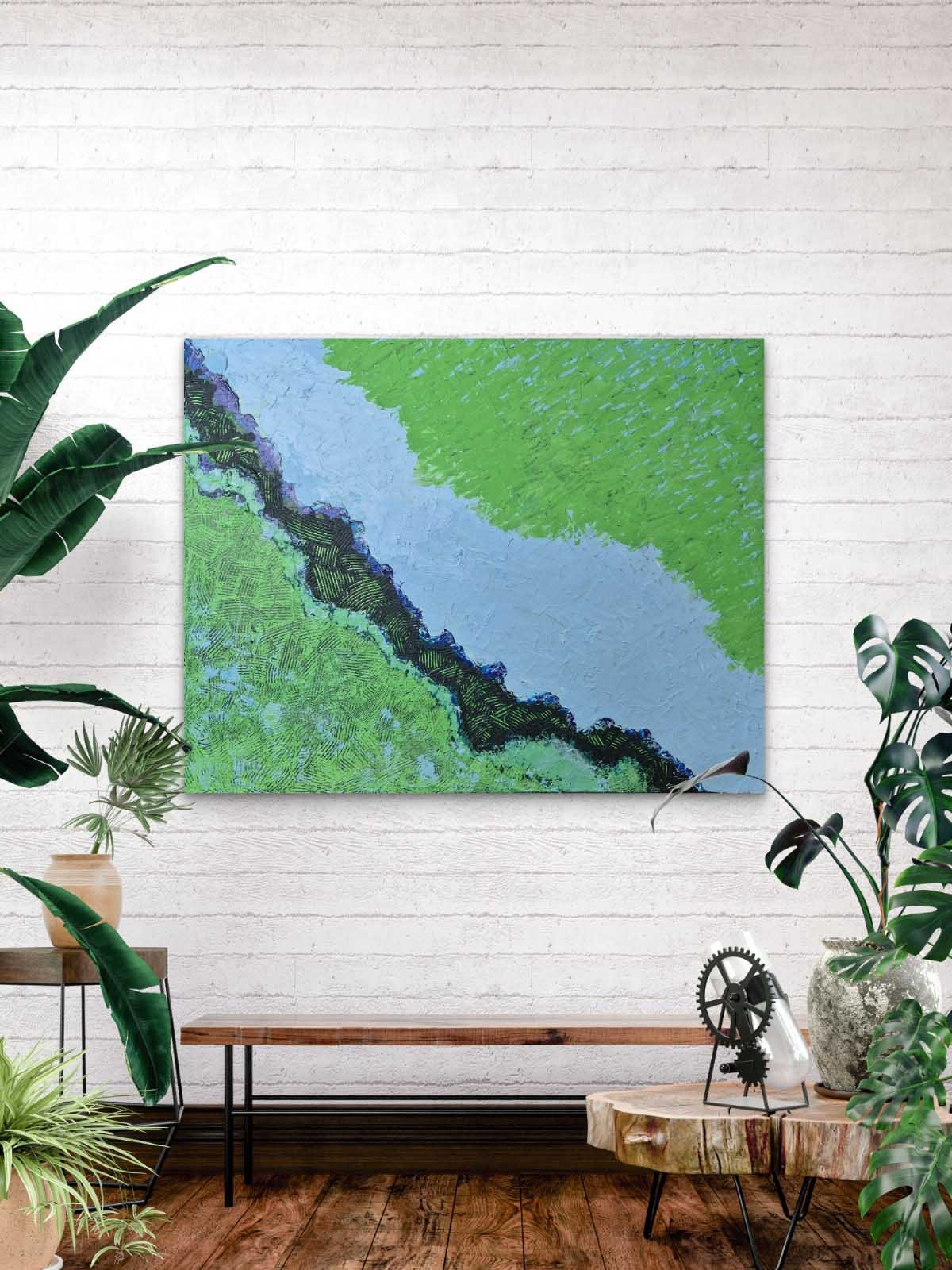 Personalized painting 'Green & Blue' shown in client’s interior space