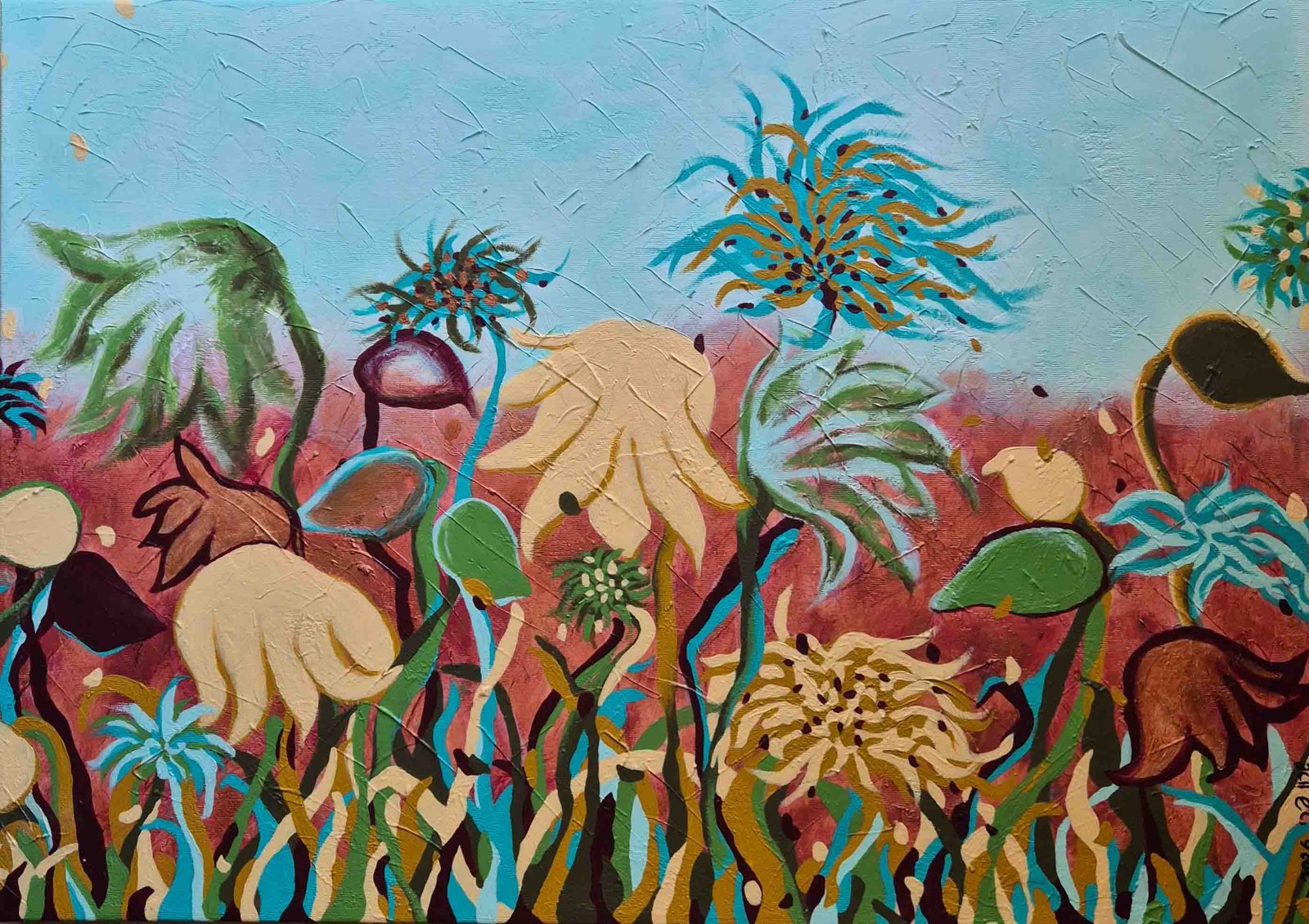 'Imaginary Field of Flowers III' naive painting by Sharon - 70x50cm acrylic on canvas
