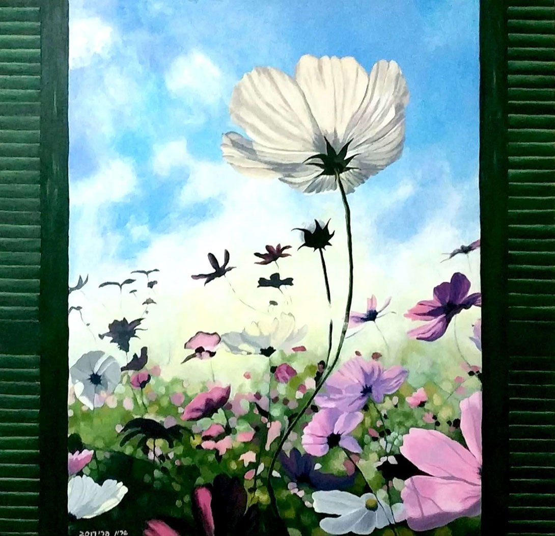 'Flowers From My Childhood Window' nature and landscape painting by Sharon - 60x60cm acrylic on canvas