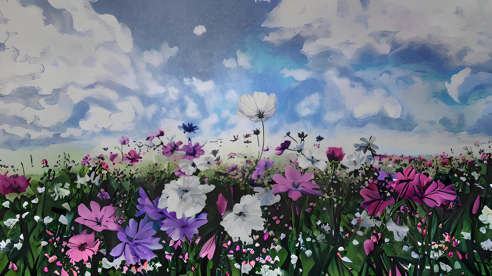 'Flowers from my Childhood Window Extended' painting, featuring a large flower filed on canvas