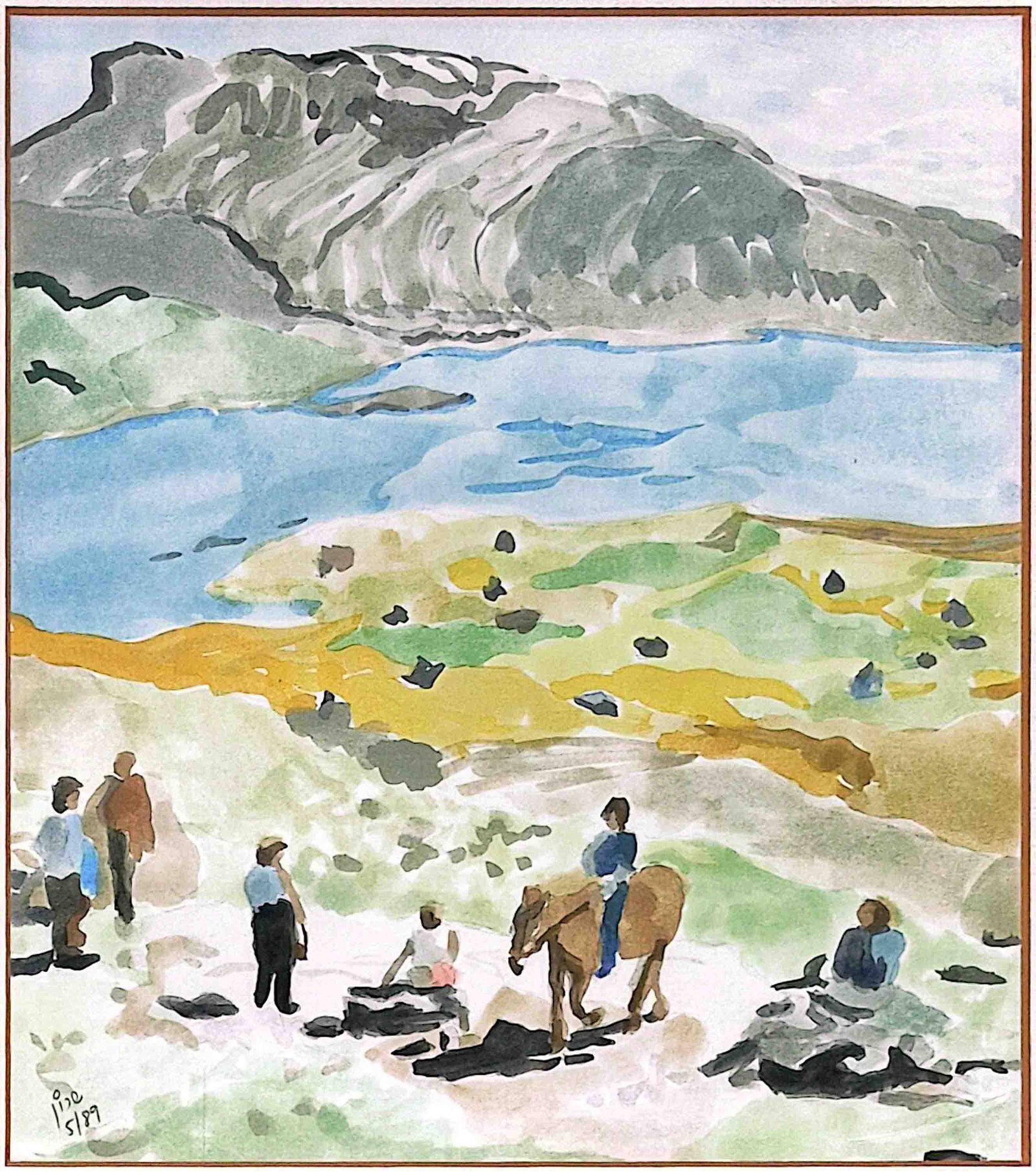 One of Sharon’s first oil paintings from 1989, featuring people, a horse, a mountain, and a river scene