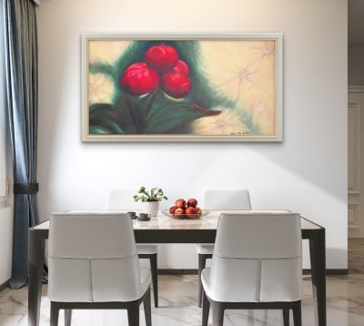 Red Fruits custom painting displayed in a customer’s home, created by Sharon’s Art